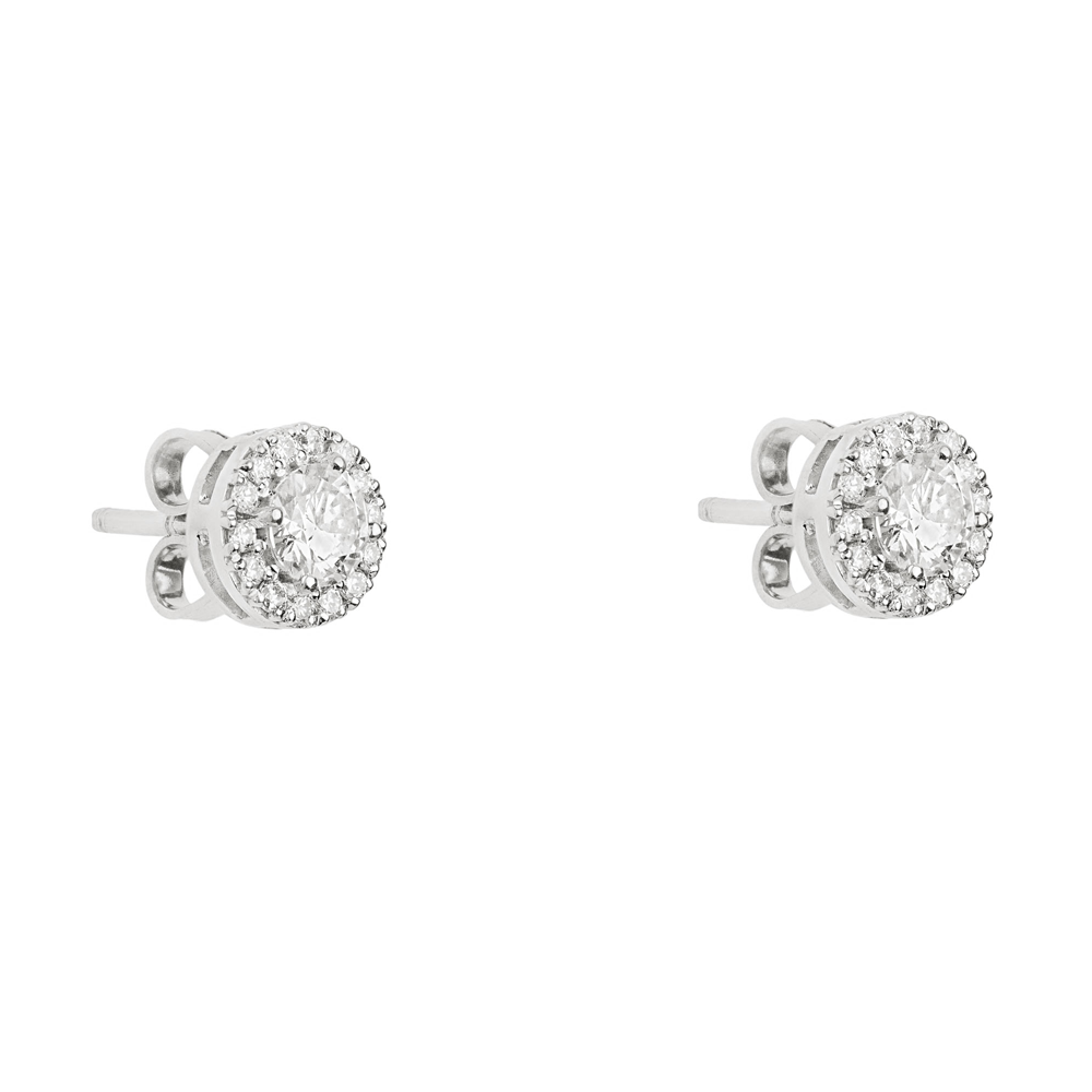 Double Halo Round Stud Solitaire Earrings in 18K White Gold