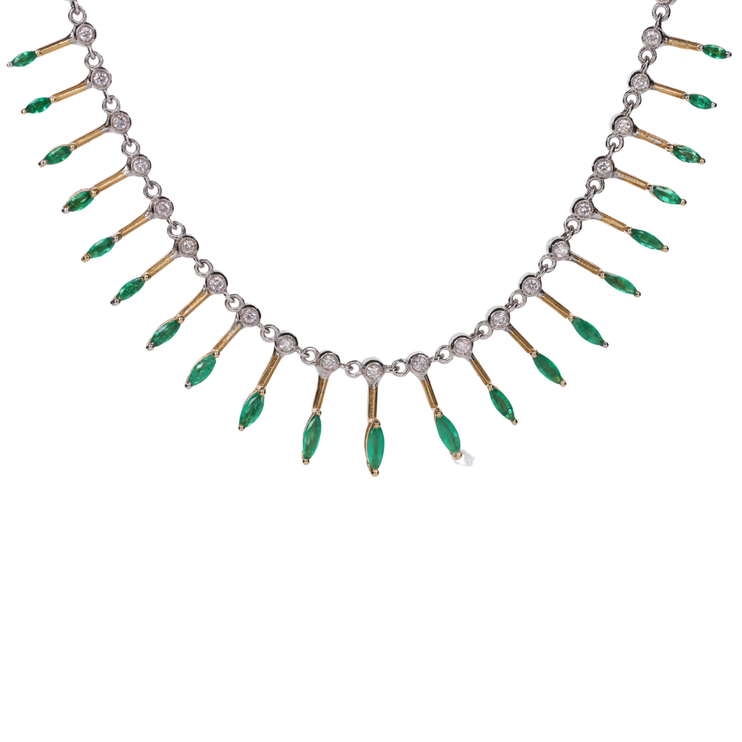 Art Deco Emerald Drop Necklace with Diamonds in 18K White Gold