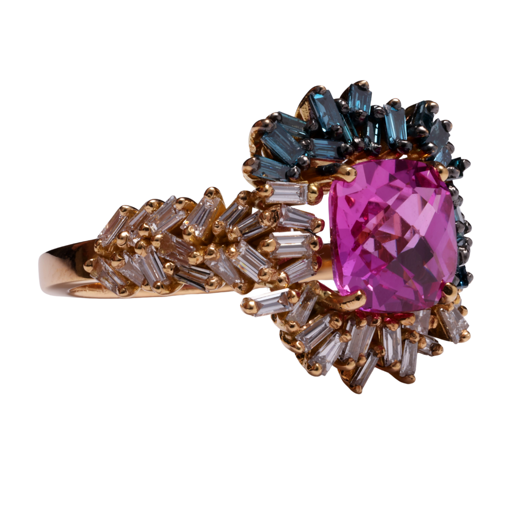 Royal Garnet Pink Princess Baguette Diamond Ring in 18K Rose Gold