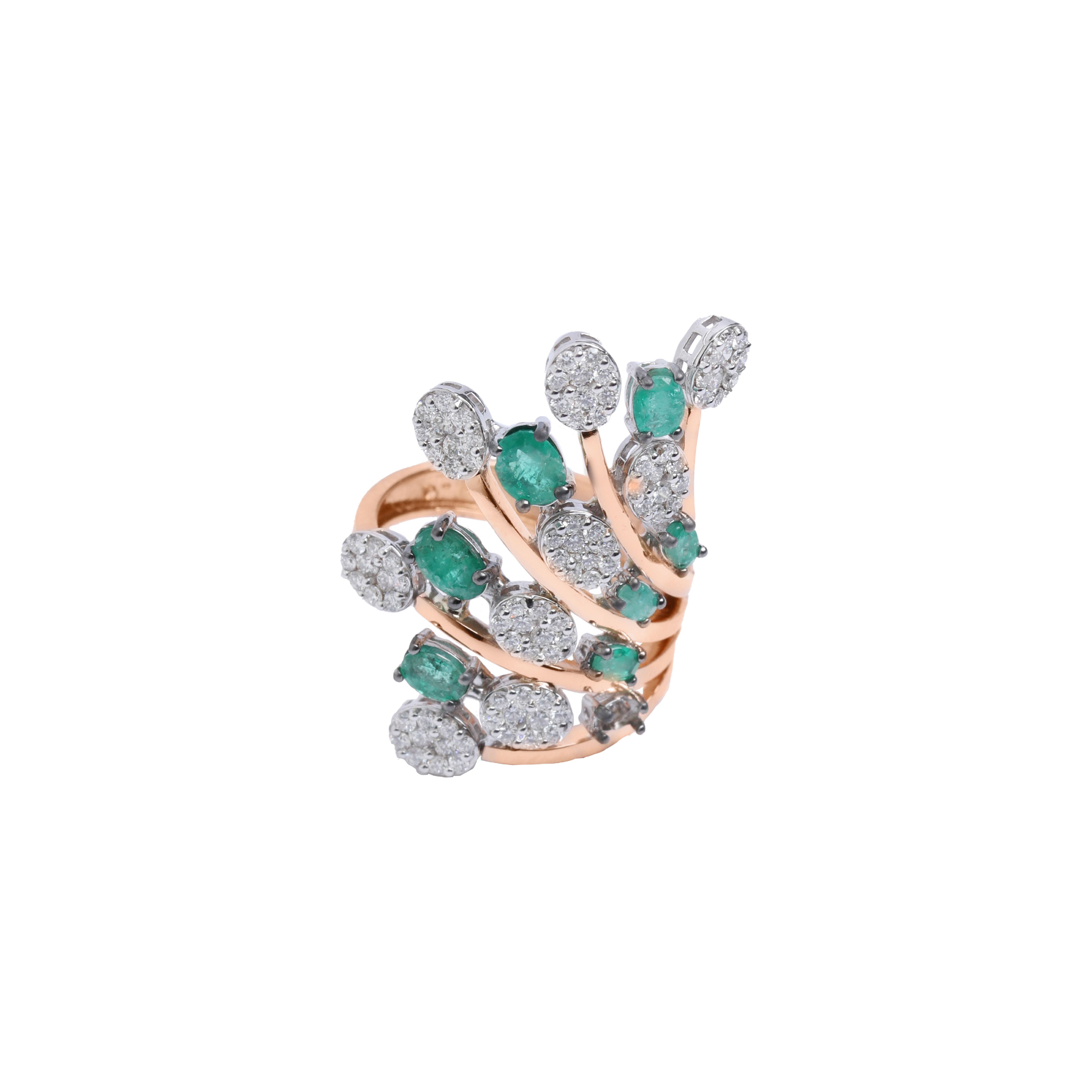 Elegant Leaves with Emeralds & Diamonds Ring in 18K Yellow Gold