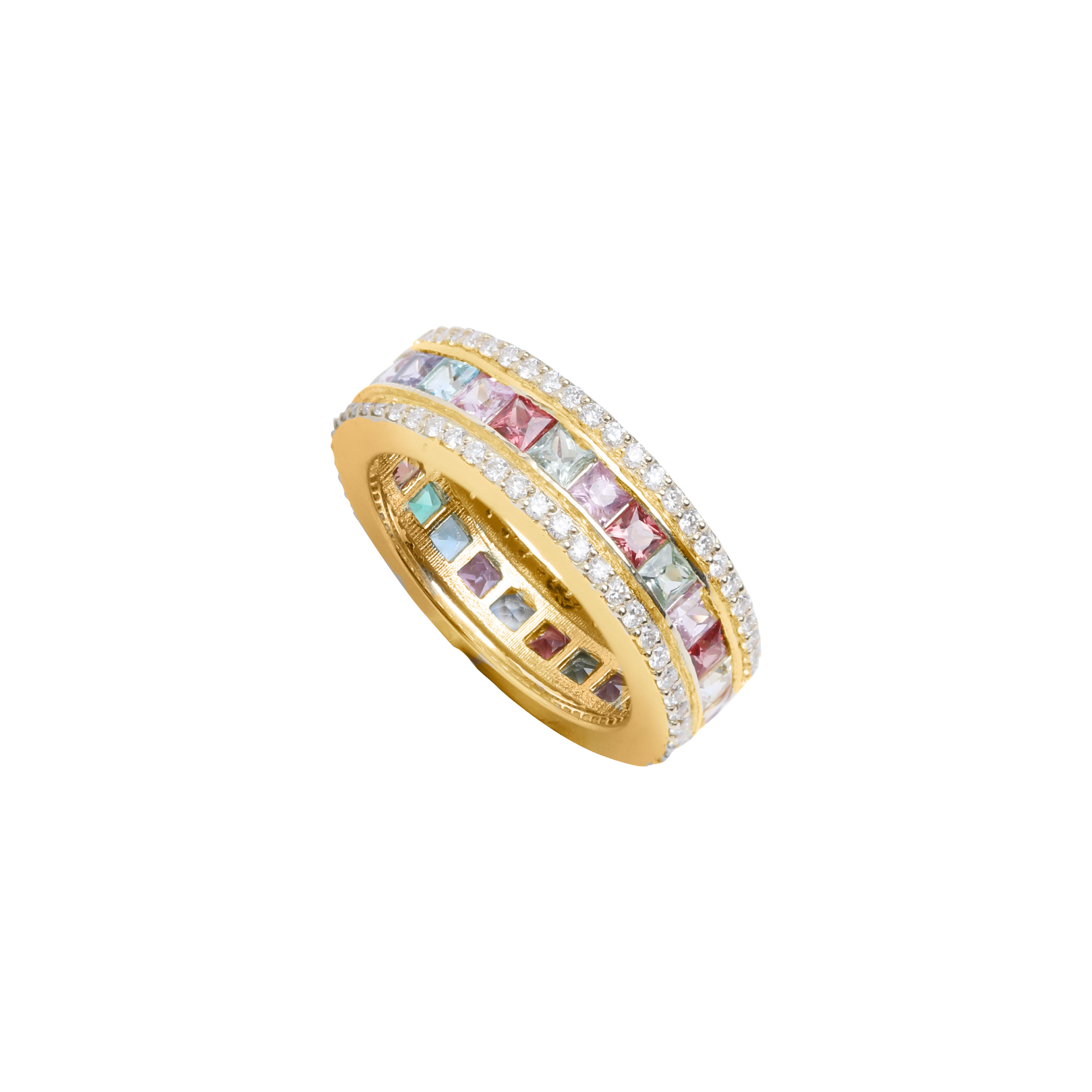 Diamond Rainbow Colored Sapphire Ring in 18K Yellow Gold