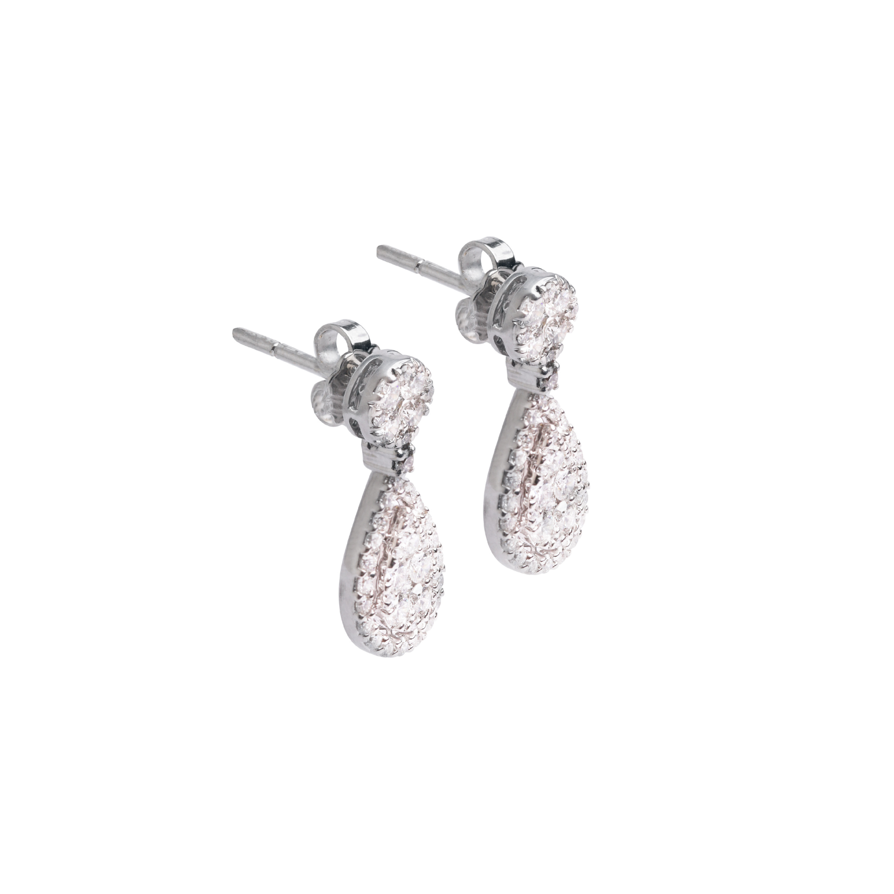 Pear Shape Dangle Halo Earrings in 18K White Gold