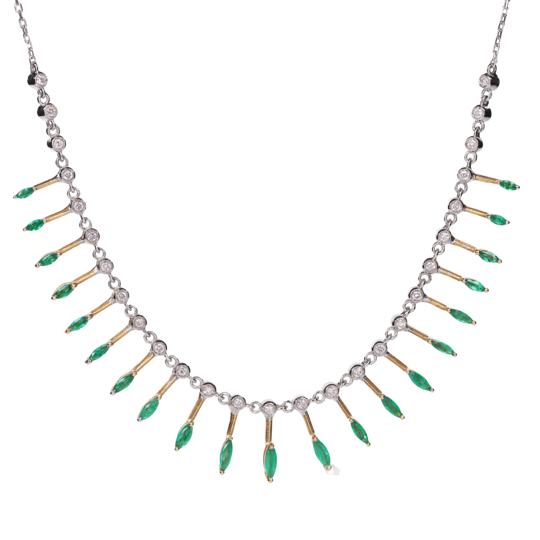 Art Deco Emerald Drop Necklace with Diamonds in 18K White Gold
