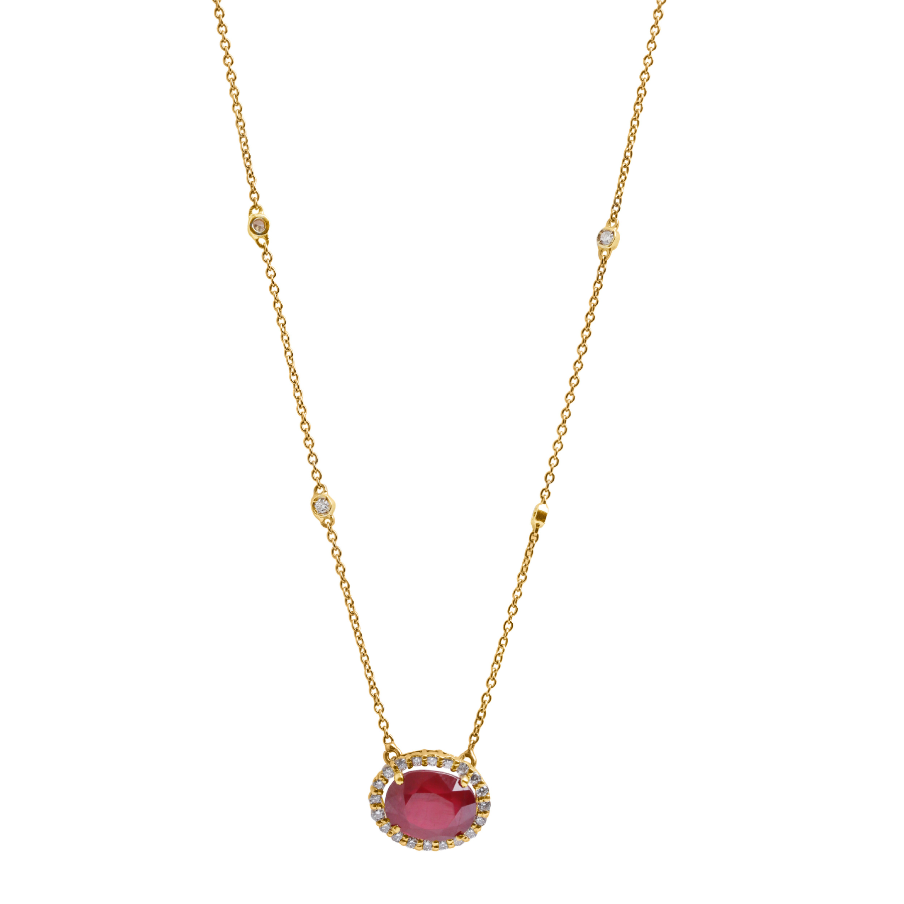 Ruby & Diamond Halo Pendant in 18K Yellow Gold