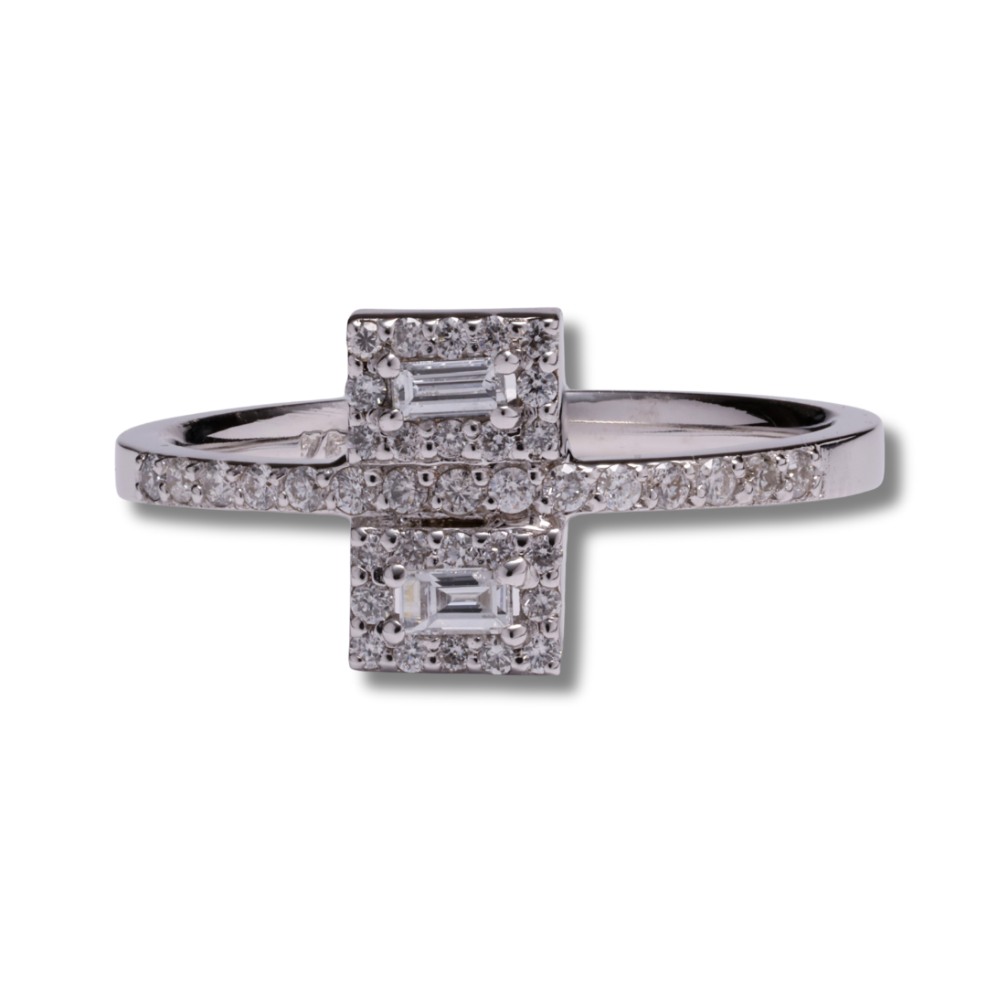 Twin Baguette Halo Ring in 18K White Gold