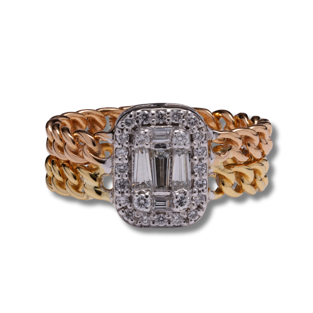 Dual Diamond Cuban Chain Ring in 18K Rose, Yellow & White Gold