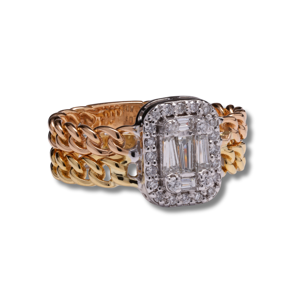 Dual Diamond Cuban Chain Ring in 18K Rose, Yellow & White Gold