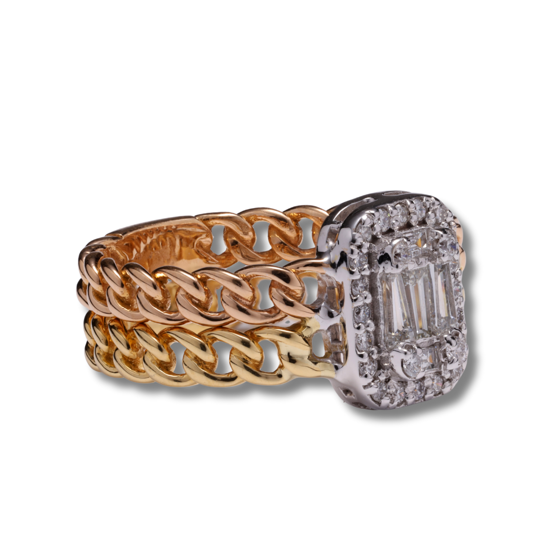 Dual Diamond Cuban Chain Ring in 18K Rose, Yellow & White Gold