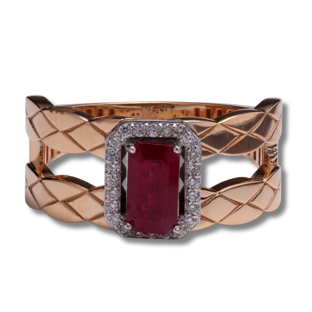 Regal Quilted Ruby & Diamond Ring in 18K Rose & White Gold