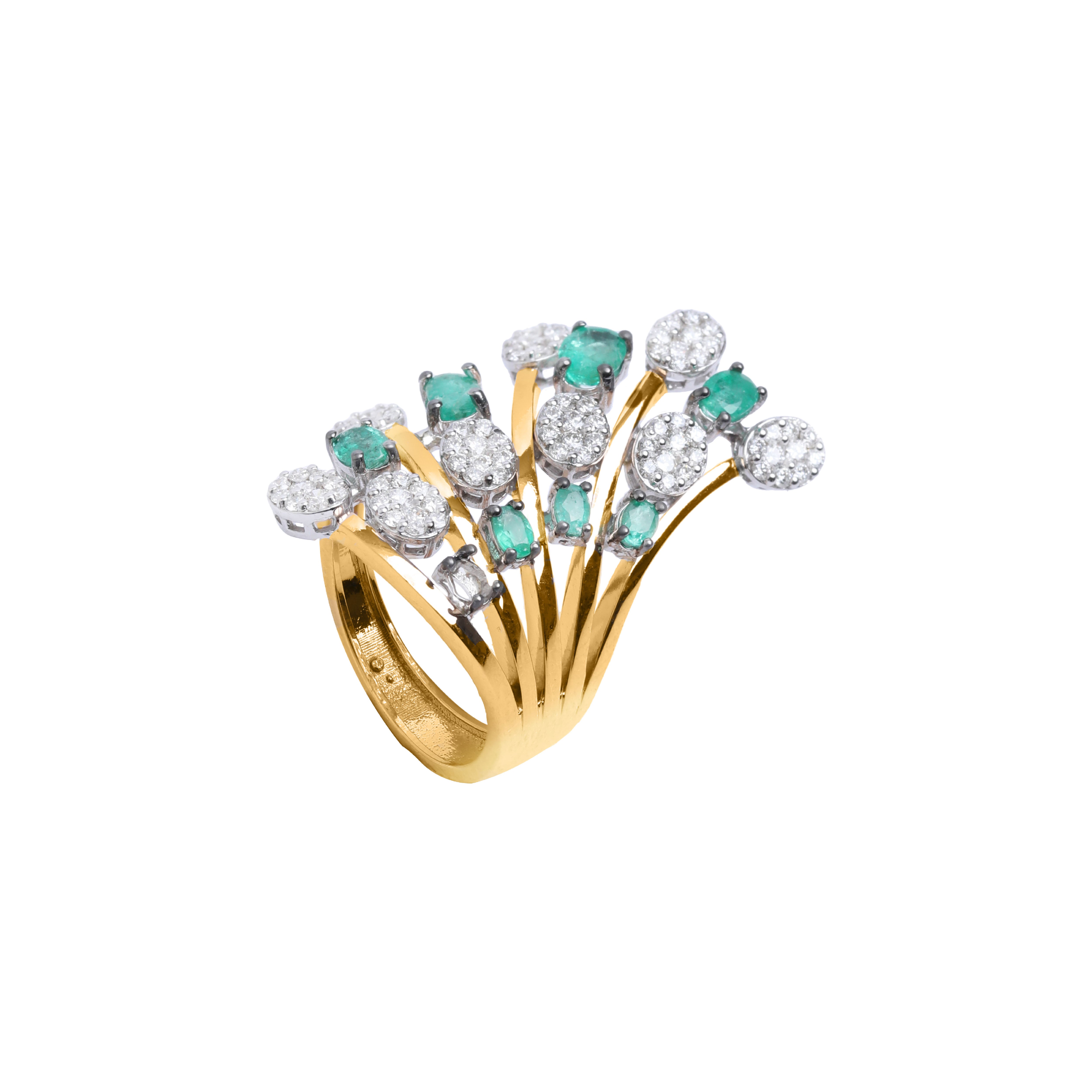 Elegant Leaves with Emeralds & Diamonds Ring in 18K Yellow Gold