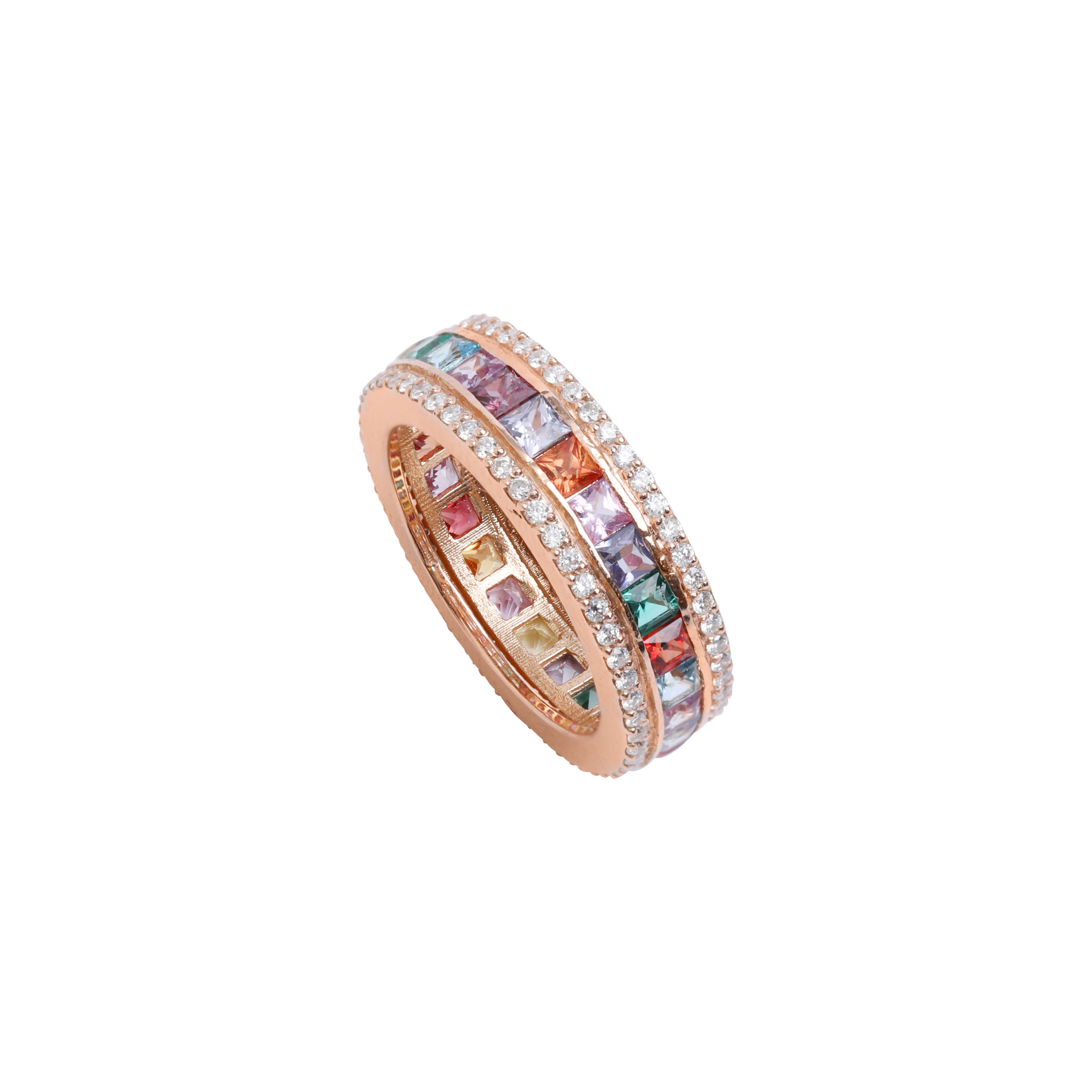 Diamond Rainbow Colored Sapphire Ring in 18K Yellow Gold