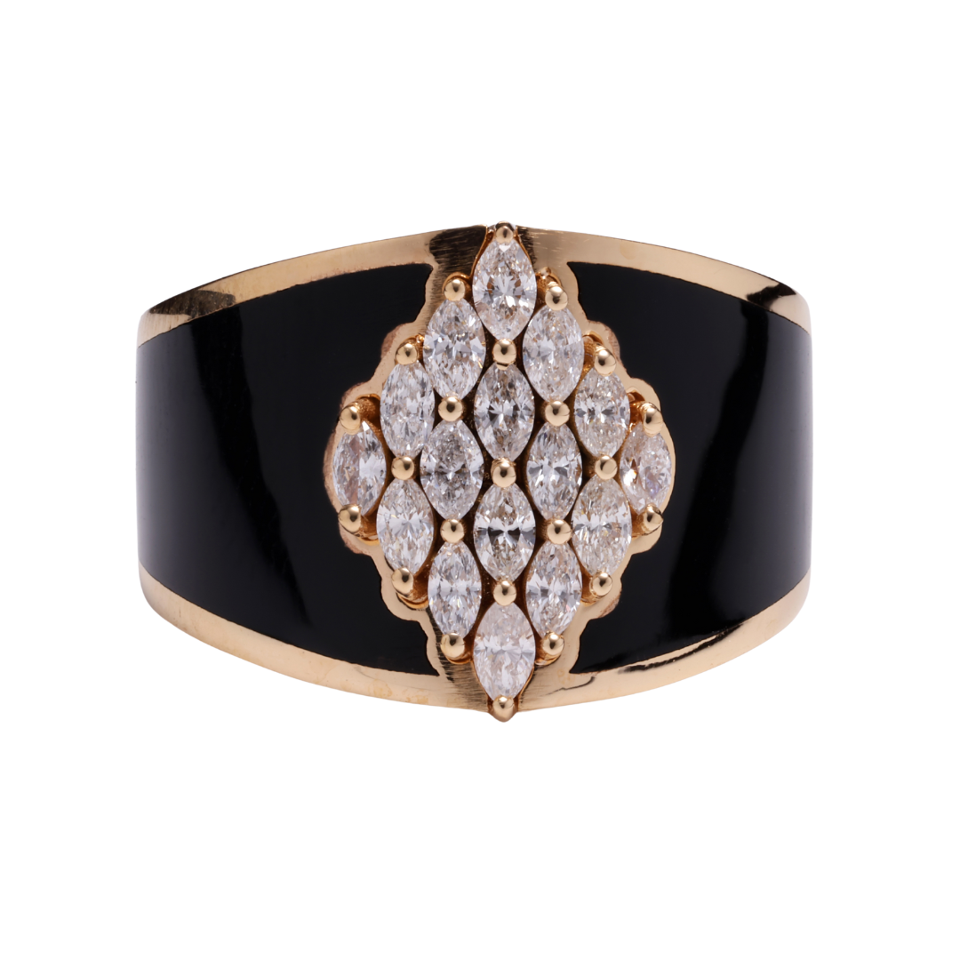 Midnight Majesty Black Enamel Marquise Diamond Ring in 18K Yellow Gold