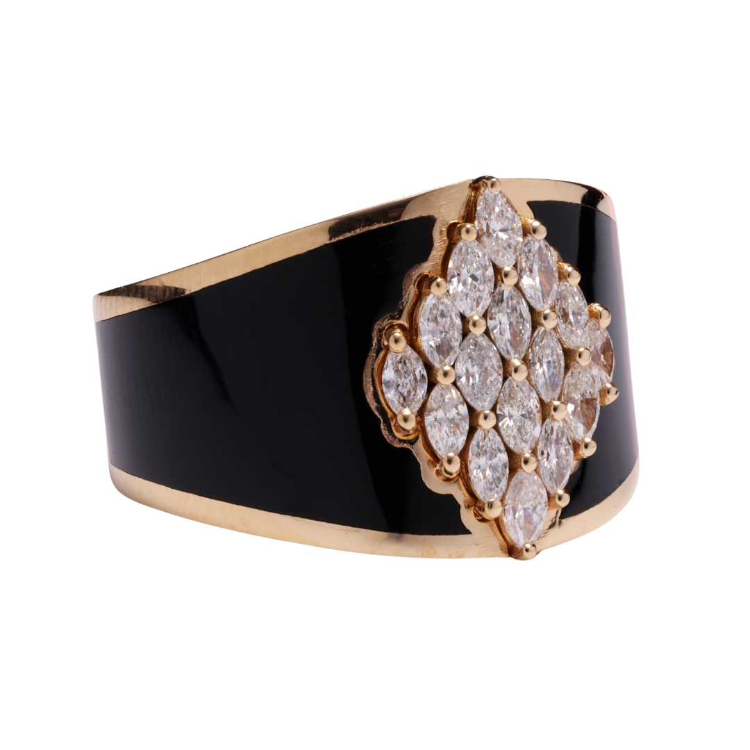 Midnight Majesty Black Enamel Marquise Diamond Ring in 18K Yellow Gold