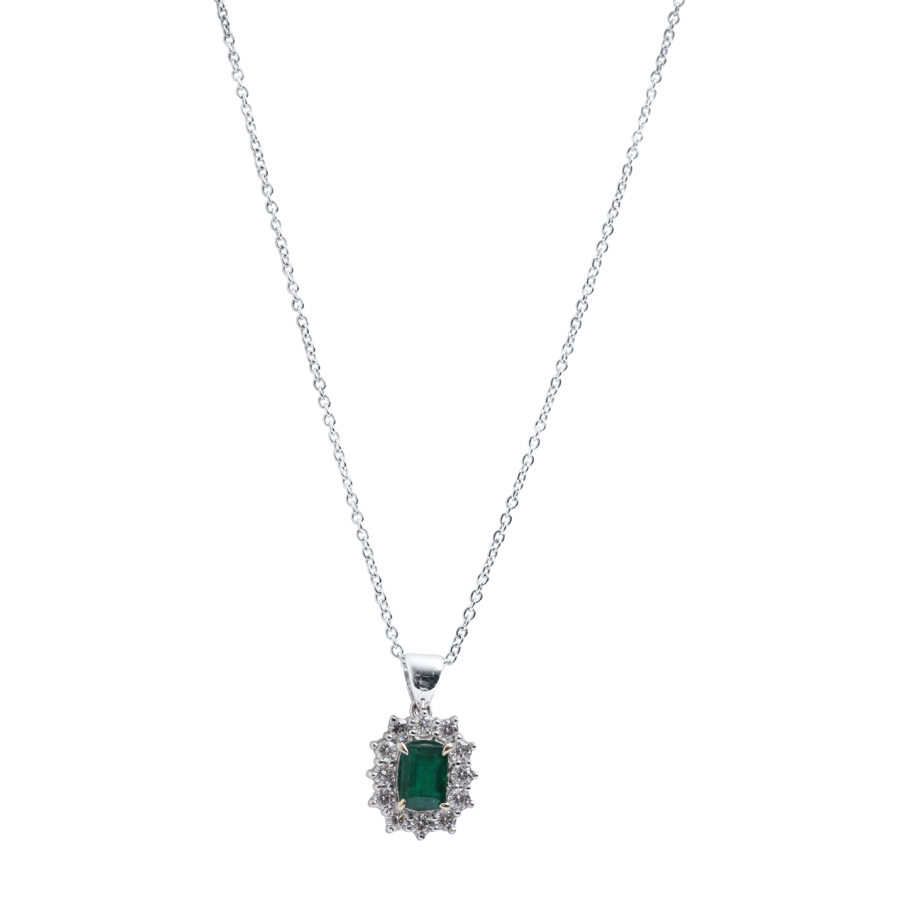 Emerald with Halo of Diamonds Pendant in 18K White Gold