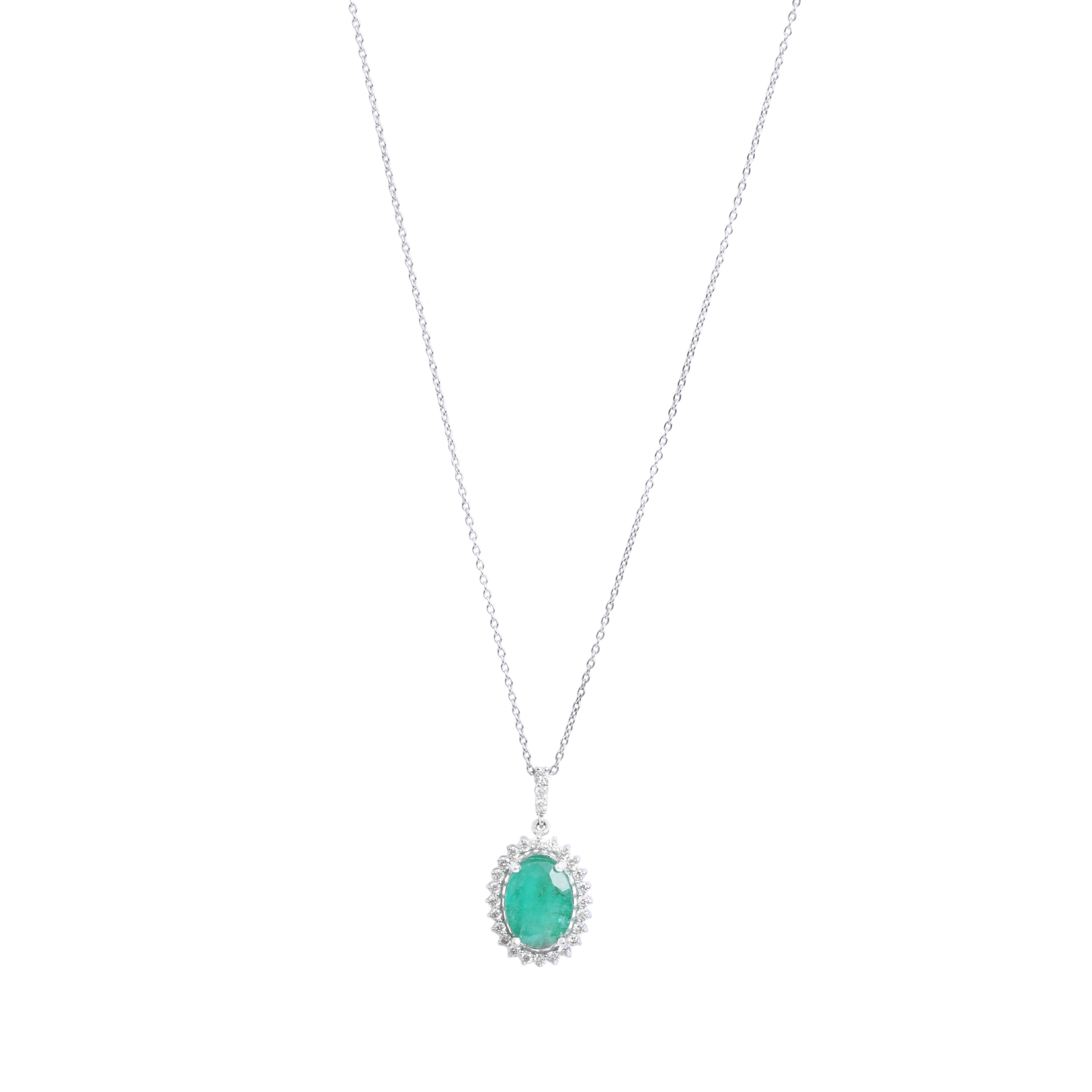 Oval-cut Emerald with Halo of Diamonds Pendant in 18K White Gold